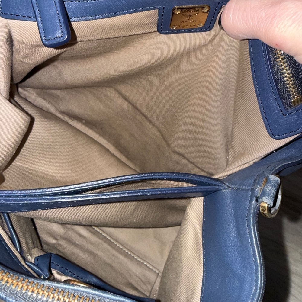 MCM Navy Blue Leather Satchel w/ Strap & Gold Hardware - Picture 10 of 12